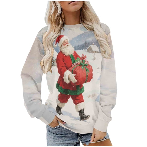 YUGYXL Funny Ugly Christmas Sweatshirt for Women Santa Print Oversized Pullover Fleece Lined Warm Holiday Tops D Multicolor XXL