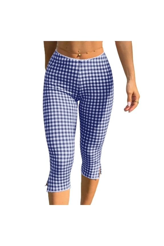 Gingham Capri Pants for Women Lace Trim Split Hem Low Waisted Leggings Plaid Printed Skinny Summer Cropped Pants Navy Pants M