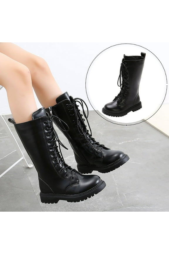 Girl's Waterproof Fashion Tie Fur Lined Knee High Riding Boots Dress Princess Shoes Girls Leather Tall Winter Boots Black,28