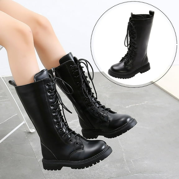 YUGYXL Girl's Waterproof Fashion Tie Fur Lined Knee High Riding Boots Dress Princess Shoes Girls Leather Tall Winter Boots Black,28