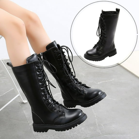 YUGYXL Girl's Waterproof Fashion Tie Fur Lined Knee High Riding Boots Dress Princess Shoes Girls Leather Tall Winter Boots Black,37