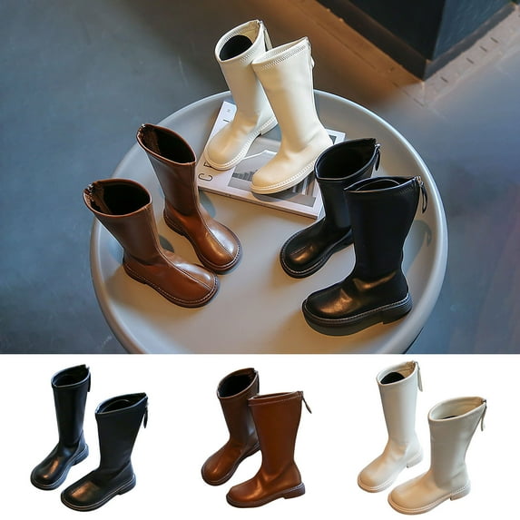 YUGYXL Girl's Waterproof Side Zipper Knee High Riding Boots Beige,28