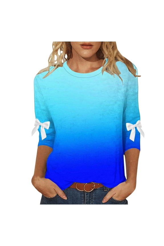 Gradient Blouse for Women 3/4 Sleeve Casual Tie Sleeve Shirt Fall Winter Crewneck Pullover Tops Blue M