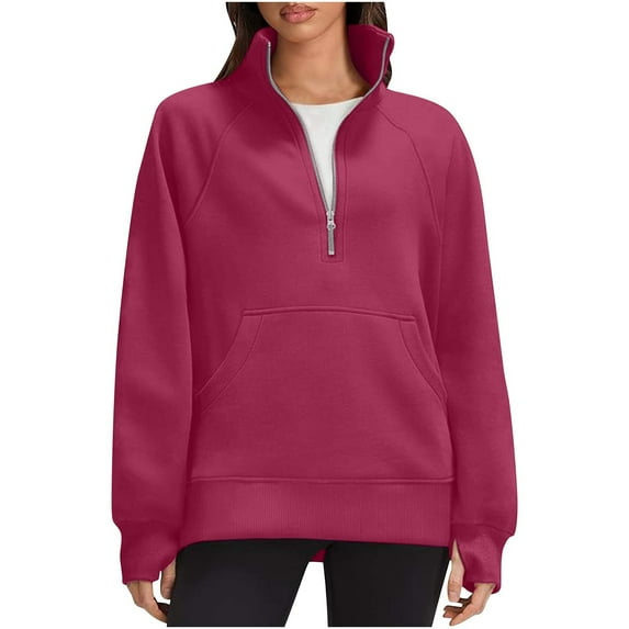 YUGYXL Half Zipper Sweatshirts for Women Solid Color Long Sleeve Collared Pullover with Pockets Active Outdoor Blouses Pink M