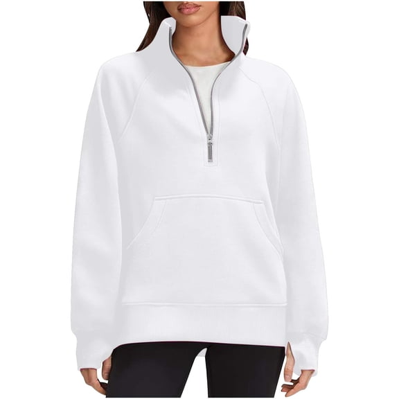 YUGYXL Half Zipper Sweatshirts for Women Solid Color Long Sleeve Collared Pullover with Pockets Active Outdoor Blouses White XL
