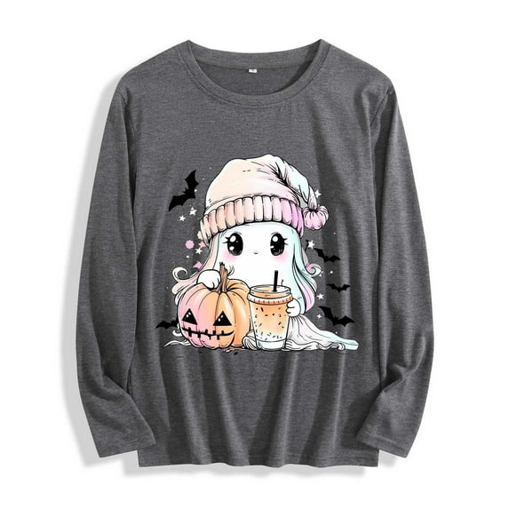 YUGYXL Halloween Clothes for Women Funny Printed Shirts Spooky Season Tops Long Sleeeve Pullovers Cute Ghost Tee Gray XXL