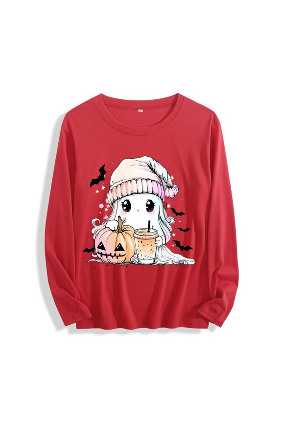 Halloween Clothes for Women Funny Printed Shirts Spooky Season Tops Long Sleeeve Pullovers Cute Ghost Tee Red M