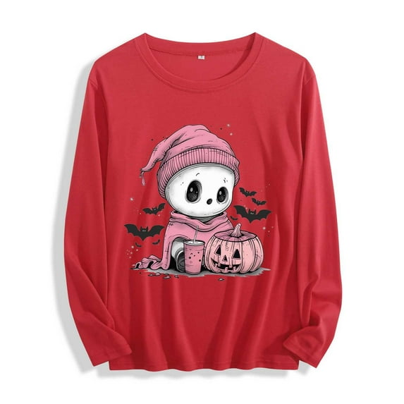 YUGYXL Halloween Long Length Sleeve Womens Tops Casual Crew Neck Shirts Loose Fit Blouses Ghost Graphic Tees Spooky Tshirts Red XL