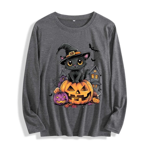 YUGYXL Halloween Shirts for Women Long Sleeve Tshirts Ghost Spooky Season Graphic Crewneck Sweatshirts Gray XXL