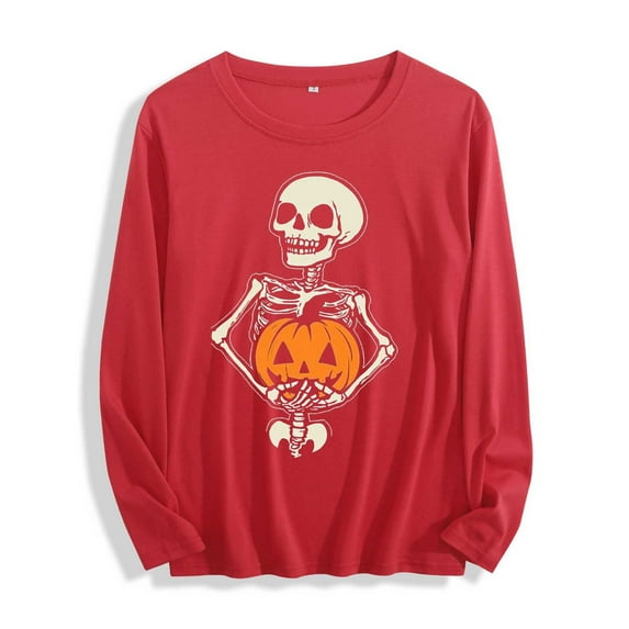 YUGYXL Halloween Shirts for Women Skeleton Pumpkin Graphic Tee Haunted Houses Printed Long Sleeve Basic Fall Tops Red XXL