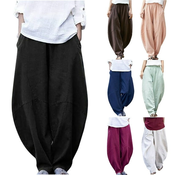 YUGYXL Harem Pants for Women 2025 Fashion Elastic Waist Linen Pant Daily Baggy Comfy Trousers with Pockets Lounge Pants Brown M