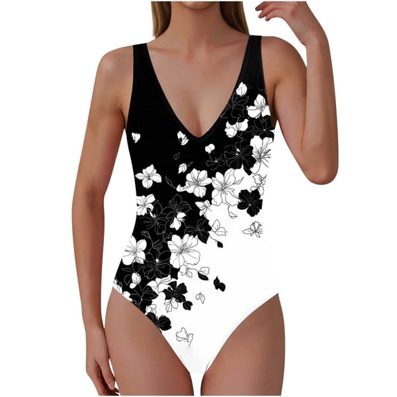 YUGYXL Hawaiian Flowers Women's One Piece Swimsuit Tummy Control Bathing Suits V Neck Swimwear Bikini A Multicolor S