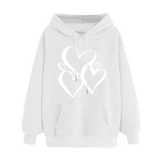 YUGYXL Heart Print Sweatshirt for Women Trendy Long Sleeve Thin Fleece Hoodies Plus Size Drawstring Hooded Pullover With Kangaroo Pocket Casual Fall Streetwear Sweatshirts Today's White,XXXL