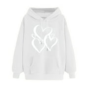 YUGYXL Heart Print Sweatshirt for Women Trendy Long Sleeve Thin Fleece Hoodies Plus Size Drawstring Hooded Pullover With Kangaroo Pocket Casual Fall Streetwear Sweatshirts Today's Deals Gray,XL