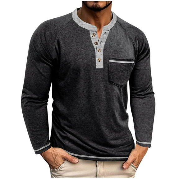 YUGYXL Henley Shirts for Men Long Sleeve with Pocket Casual Stylish Button Collared T-Shirt Colorblock Undershirt Fashion Black XXL