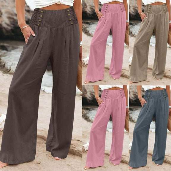 YUGYXL High Elastic Waist Linen Pants for Women Button Up Palazzo Pants with Pockets Summer Lightweight Wide Leg Pants Sky Blue M
