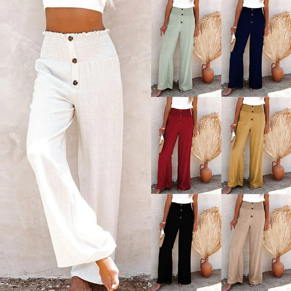 YUGYXL High Elastic Waist Pants for Women Front Button Linen Long Pants Summer Wide Leg Beach Pants Ladies Loose Trousers Black M