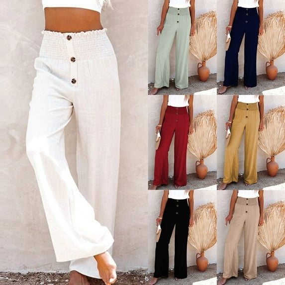 YUGYXL High Elastic Waist Pants for Women Front Button Linen Long Pants Summer Wide Leg Beach Pants Ladies Loose Trousers Yellow XXXL