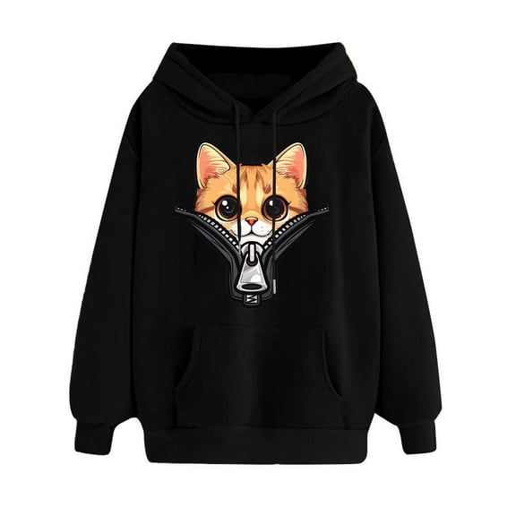 YUGYXL Hooded Pullover for Women Fall Winter Drawstring Hoodies with Pockets Casual Cute Print Long Sleeve Sweatshirts Black S