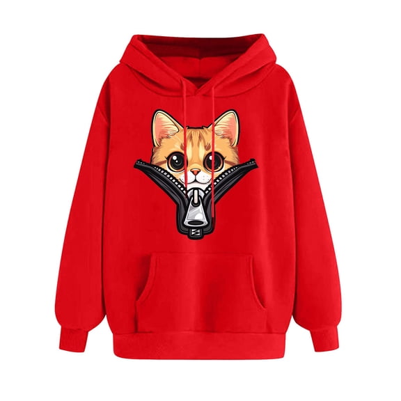 YUGYXL Hooded Pullover for Women Fall Winter Drawstring Hoodies with Pockets Casual Cute Print Long Sleeve Sweatshirts Red L