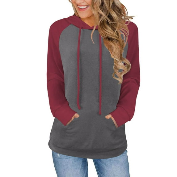 YUGYXL Hoodies for Women Lightweight Long Sleeve Sweatshirt Loose Fit Color Block Tunic Tops with Pockets Red M