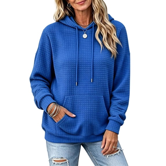 YUGYXL Hoodies for Women Long Sleeve Drawstring Waffle Knit Tops Casual Loose Hooded Pullover Sweatshirt with Pocket Blue Hoodie XL