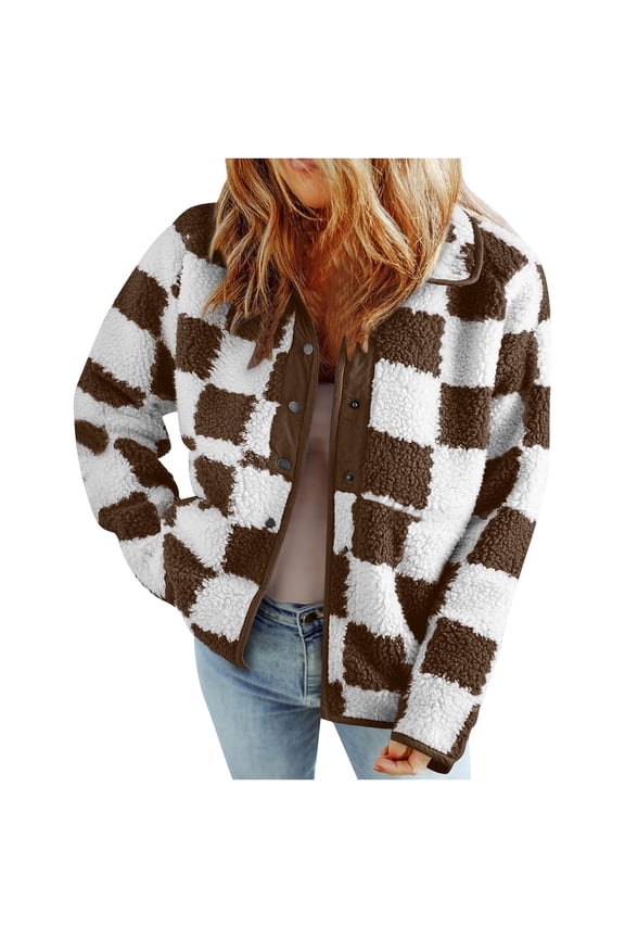Jackets For Women Causal Sherpa Fall Jacket Loose Button Down Plaid Winter Coats Brown M