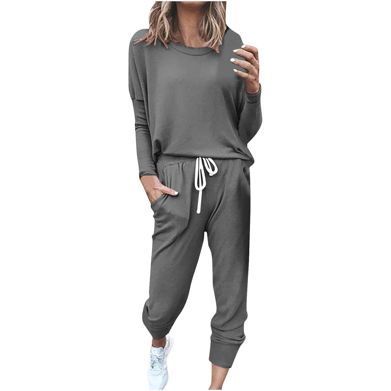 YUGYXL Jogger Sets for Women 2 Piece Lounge Sets Long Sleeve Tops Sweatpant Sweatsuits Set Casual Workout Tracksuits Outfits Gray XXL