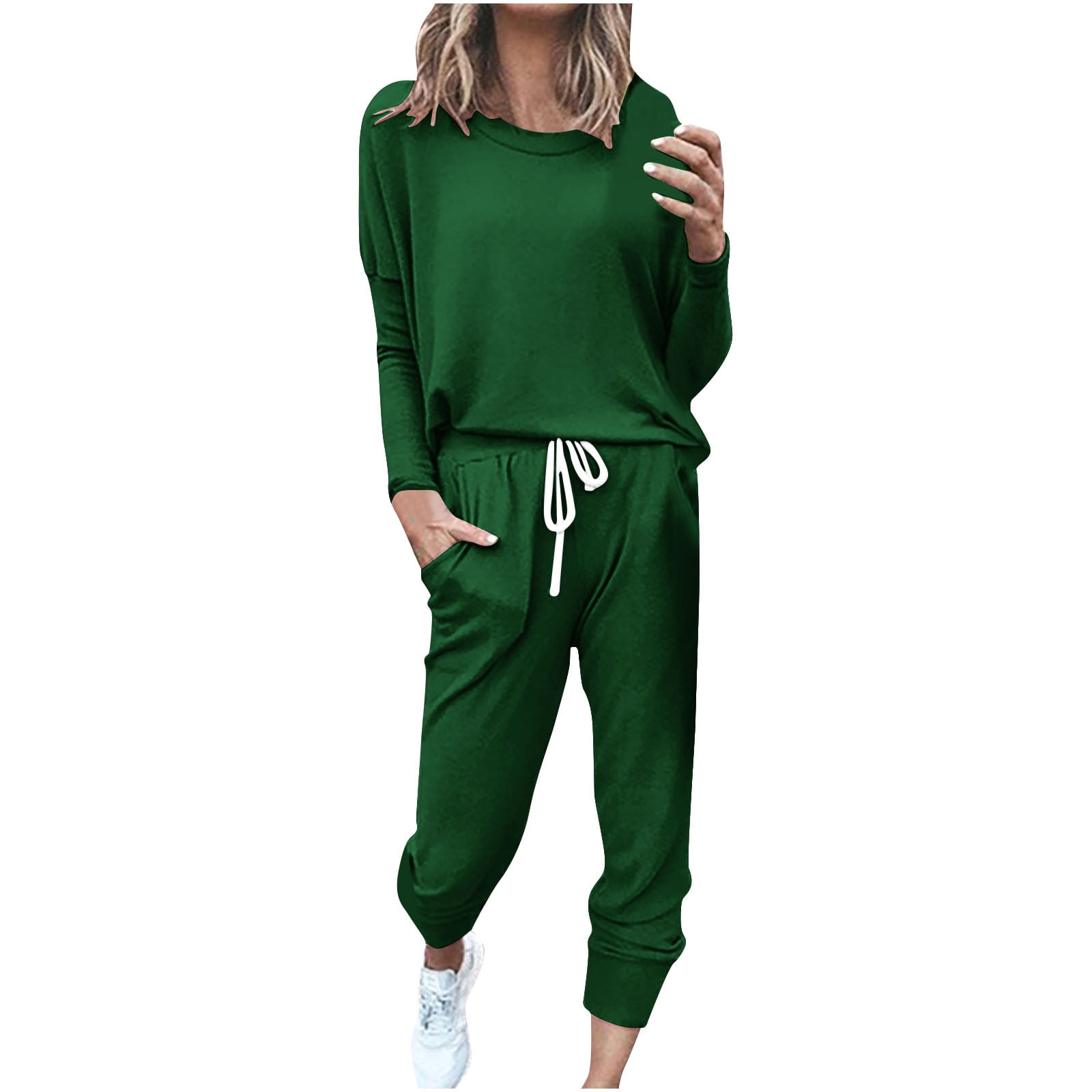 YUGYXL Jogger Sets for Women 2 Piece Lounge Sets Long Sleeve Tops Sweatpant Sweatsuits Set Casual Workout Tracksuits Outfits Green XL