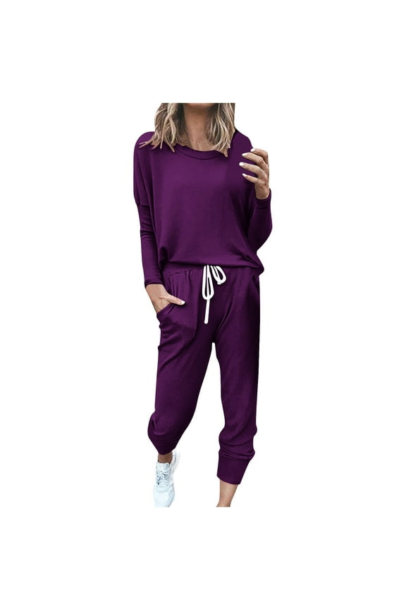 Jogger Sets for Women 2 Piece Lounge Sets Long Sleeve Tops Sweatpant Sweatsuits Set Casual Workout Tracksuits Outfits Purple XL