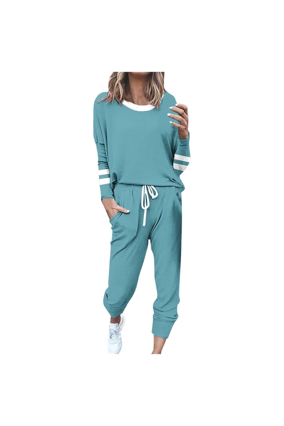 Jogging Suits for Women Long Sleeve Crewneck Pullover with Track Pant 2 Piece Lounge Set Sweatsuit Travel Outfits Light Blue S