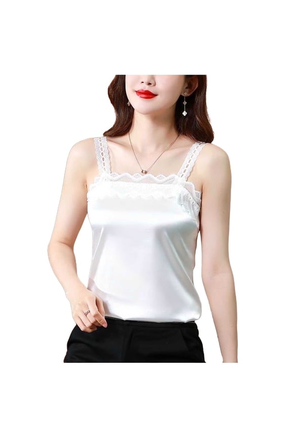 Lace Cami Tops for Women Summer Spaghetti Strap Satin Tank Shirts Elegant Party Clothes White XXL