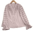 thumbnail image 1 of YUGYXL Lace Crochet Top for Women Long Sleeve V-Neck Button Down Shirt Elegant Lace Trim Blouse Dating Work Tops Pink XXL, 1 of 9