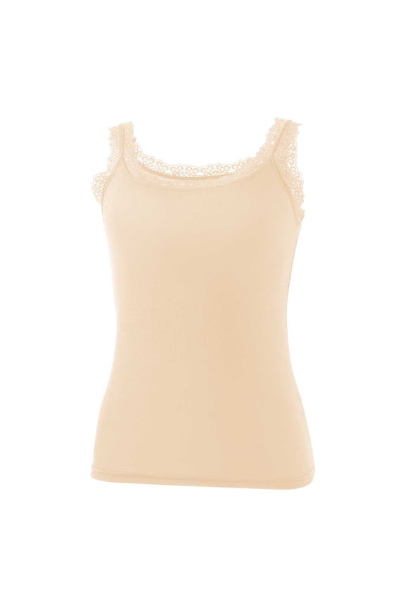 Lace Trim Camisole Top for Women Crew Neck Sleeveless Cami with Wide Straps Casual Tank Tops Beige L