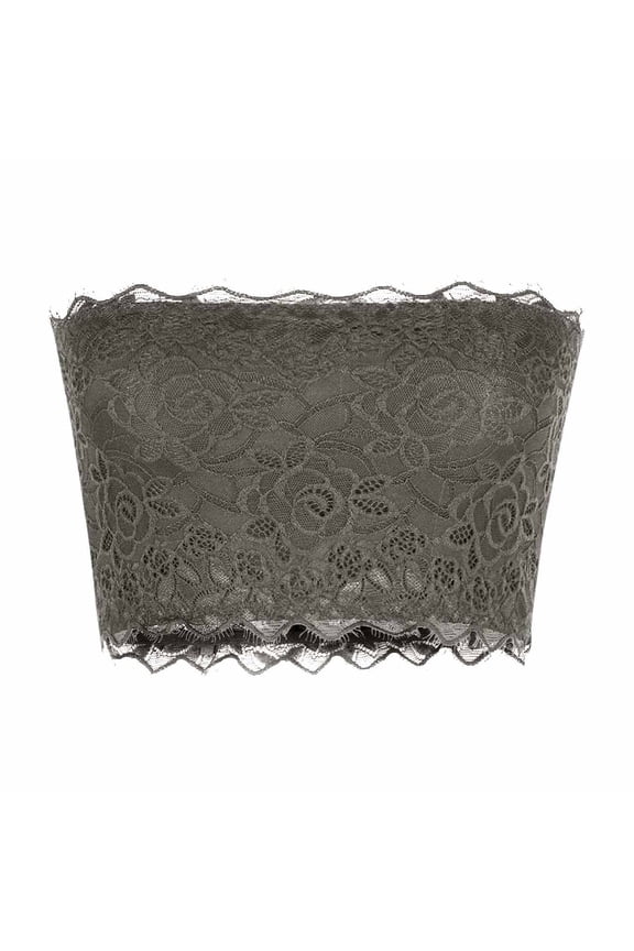 Lace Tube Top Bra Strapless Lace Bandeau Bra for Low Cut Dress Front Stretch Bralette for Low Neckline Cleavage Cover Gray