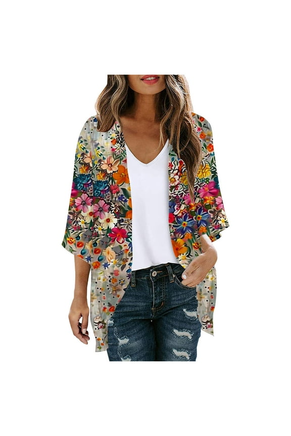 Lightweight Open Front 3/4 Sleeve Womens Cardigan Summer Floral Graphic Chiffon Draped Capes Boho Kimono Cardigans Casual Hawaii Vacation Cover Up