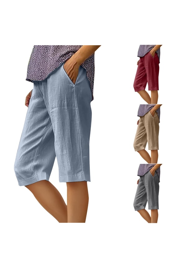 Linen Bermuda Pants for Women Knee Length Capri Pants with Pockets Elastic Waist Summer Pants Gray L