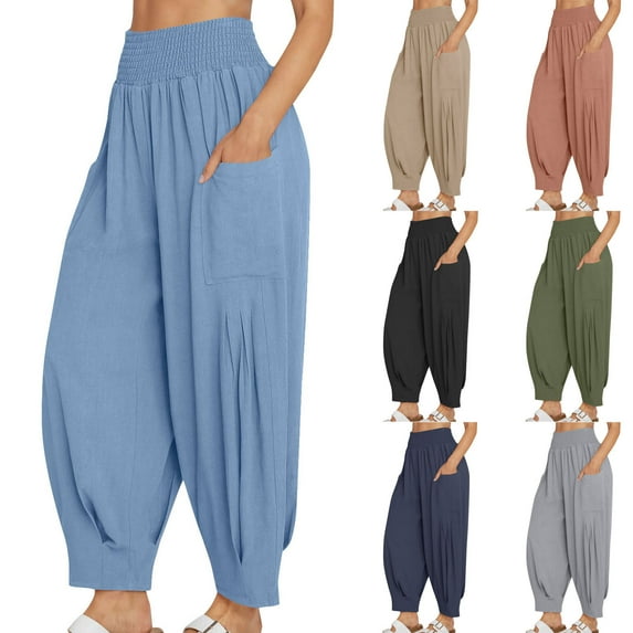 YUGYXL Linen Harem Pants for Women Trendy Tapered Pants Stretch Waist Loose Soft Trousers with Pockets Sales Coffee L