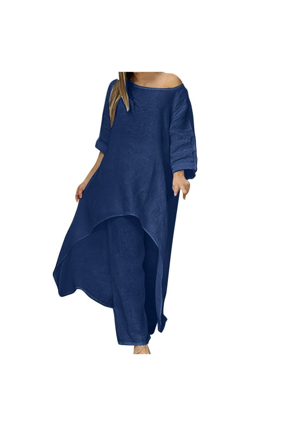 Linen Sets for Women 2 Piece Long Sleeve High Low Hem Shirts Wide Leg Trousers Loose Fit Dressy Cotton Linen Sets Outfits Navy S