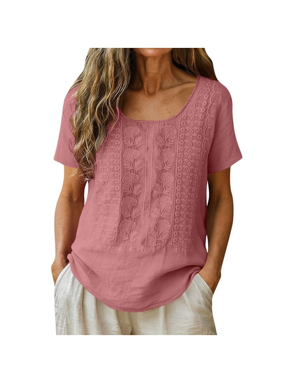 Linen Shirts Round Neck Seniors Ladies Tops and Blouses Shirt Loose Fitting Womens Casual Blouse Top Watermelon Red Top XL