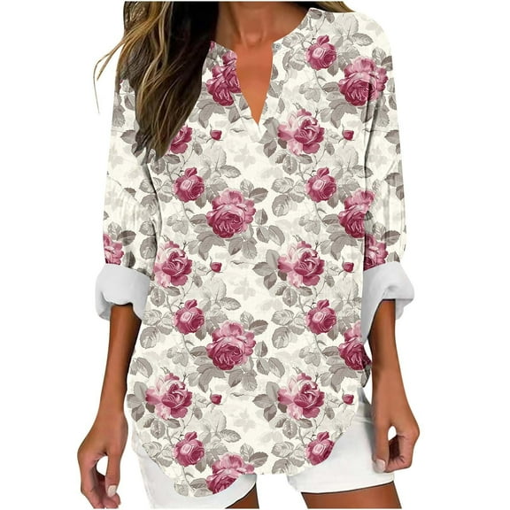 YUGYXL Linen Shirts for Women Boho Vintage Floral Print V Neck Long Sleeve Fall Clothes Vacation Ladies Work Blouse B Multicolor XXXXXL