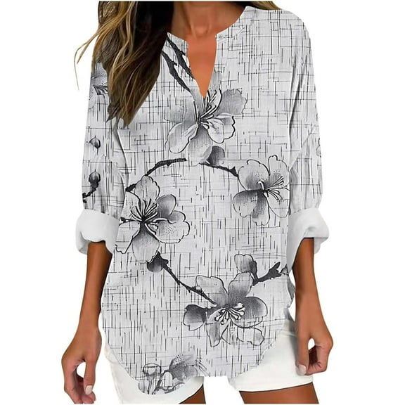 YUGYXL Linen Shirts for Women Boho Vintage Floral Print V Neck Long Sleeve Fall Clothes Vacation Ladies Work Blouse C Multicolor L