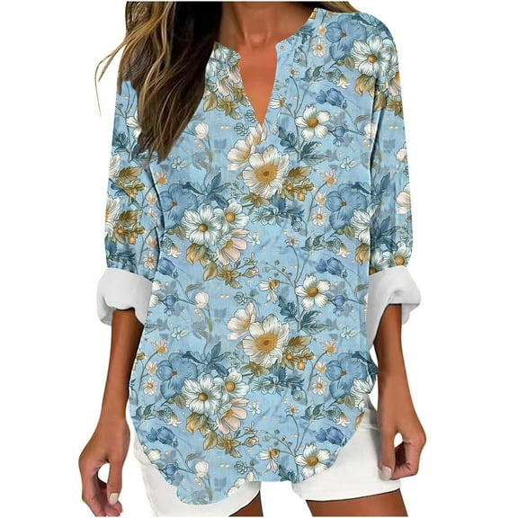 YUGYXL Linen Shirts for Women Boho Vintage Floral Print V Neck Long Sleeve Fall Clothes Vacation Ladies Work Blouse E Multicolor XXXXXL