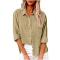 thumbnail image 1 of YUGYXL Linen Shirts for Women Fall Long Sleeve Lapel Button Down Shirt Lightweight Gauze Tops Loose Casual Blouses Clothes Khaki S, 1 of 7