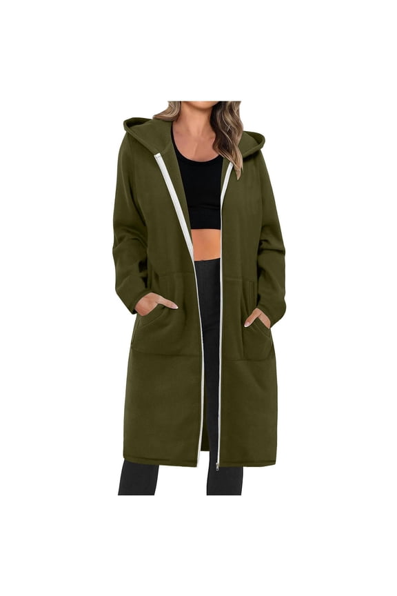 Long Hoodies for Women Zipper Fleece Hooded Jacket Fall Winter Lightweight Casual Tunic Sweatshirts with Pockets Army Green L