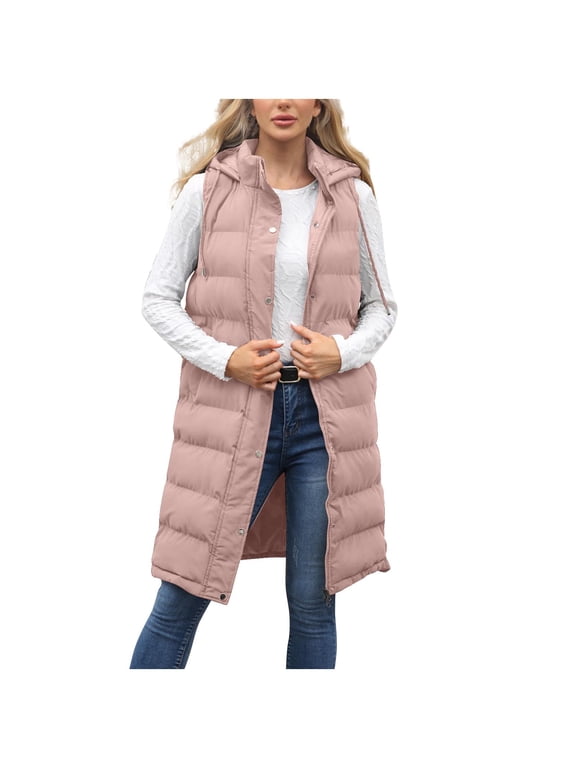 Long Puffer Vest for Women Quilted Hooded Button Down Zip Up Sleeveless Vests Outerwear Padded Jacket Fall Winter Coat Pink XXXL