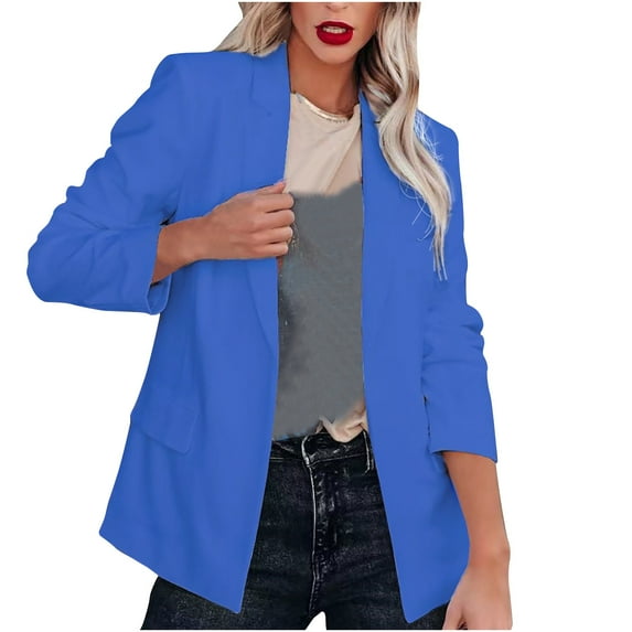 YUGYXL Long Sleeve Blazer for Women Solid Color Plus Size Suit Jacket Trendy Notched Lapel Shrug Open Front Blazers Fall Outdoor Streetwear Jacket Gift for Daughter Blue,M