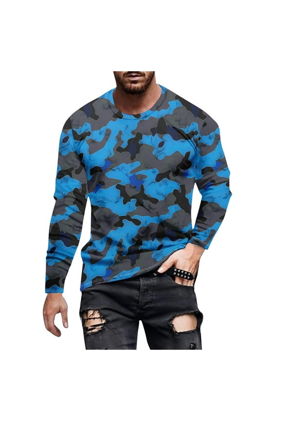 Long Sleeve Camo T-Shirt for Men Military Athletic Compression Shirt Workout Gym Sports Quick Dry Hiking Shirts Blue M