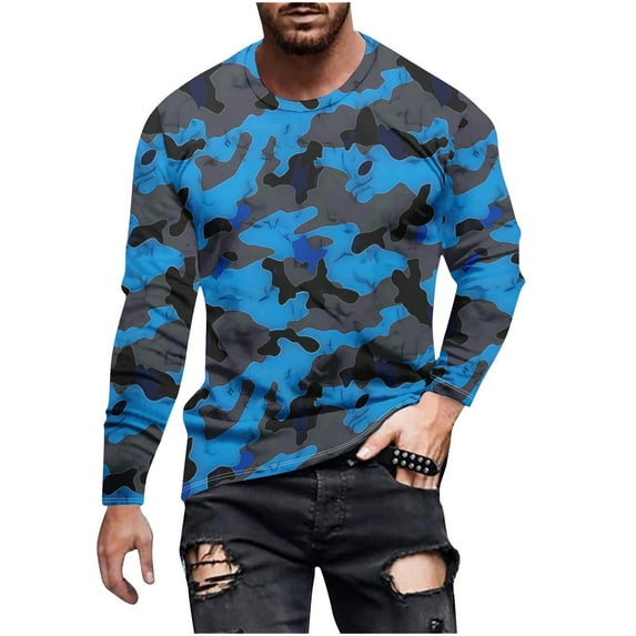YUGYXL Long Sleeve Camo T-Shirt for Men Military Athletic Compression Shirt Workout Gym Sports Quick Dry Hiking Shirts Blue XXL