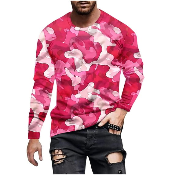 YUGYXL Long Sleeve Camo T-Shirt for Men Military Athletic Compression Shirt Workout Gym Sports Quick Dry Hiking Shirts Pink XL